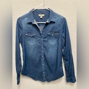 Calvin Klein denim pearl snap button up shirt, size small.